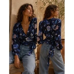 Gap Womens Navy‎ Blue Floral Wrap Top V-Neck Balloon Sleeve Side Tie Size M